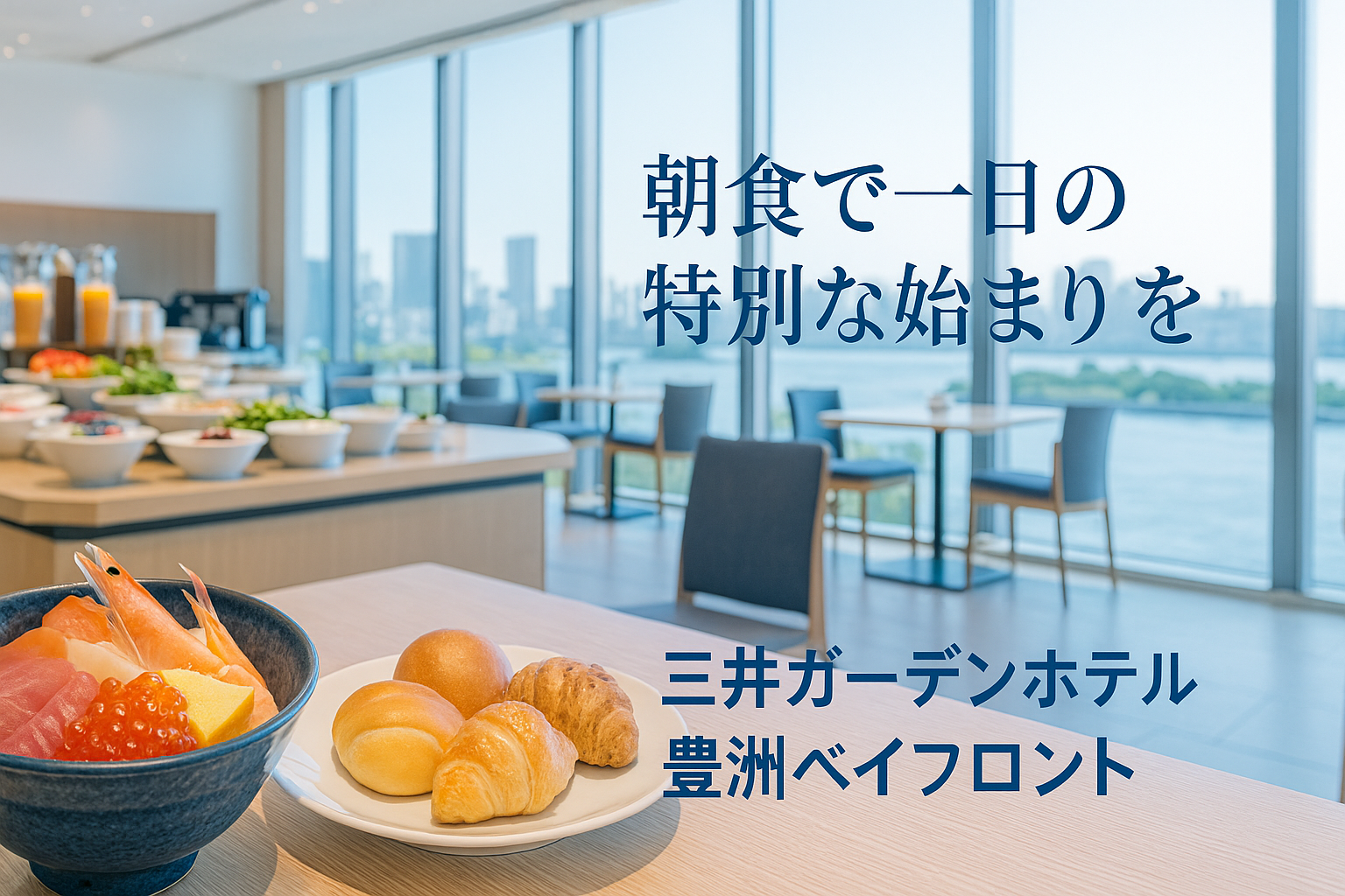 三井ガーデンホテル豊洲ベイフロントの朝食会場に並ぶ豪華な海鮮丼と焼き立てパンを爽やかに表現したアイキャッチ画像