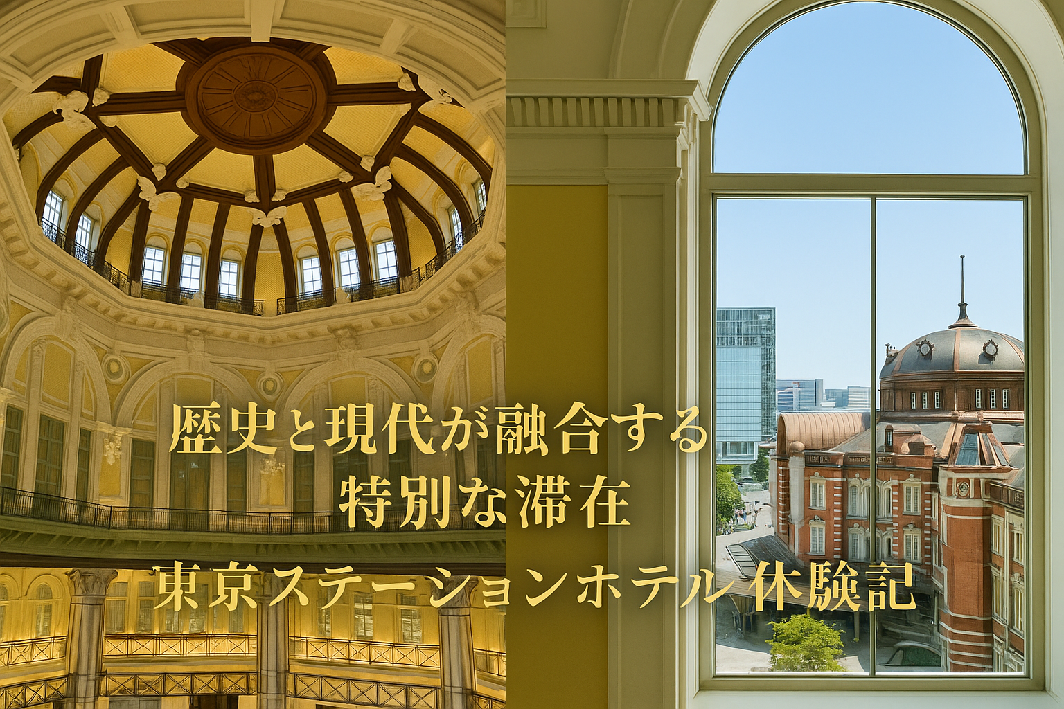 東京ステーションホテルの駅舎ドームと皇居ビューを融合させたクラシカルで上品なアイキャッチ画像