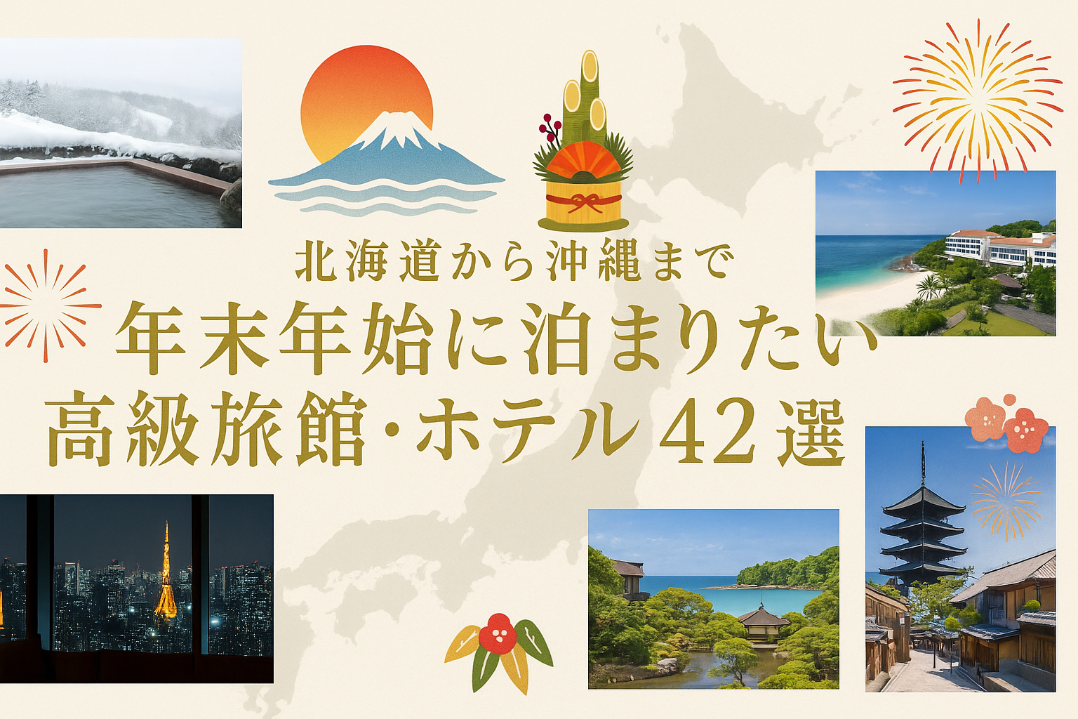 全国の高級旅館・ホテル42選を紹介する記事用アイキャッチ画像｜日本地図と雪見温泉・東京夜景・京都寺院・沖縄リゾートをコラージュし、初日の出や門松で正月感を演出