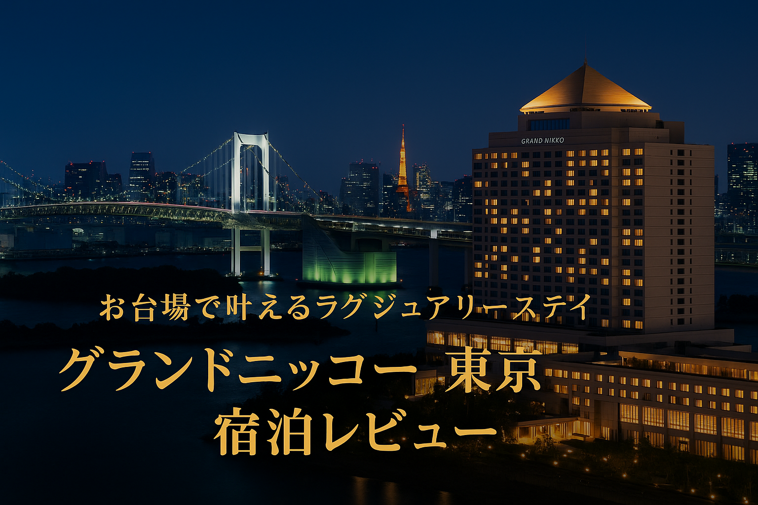 お台場の東京湾越しに輝くレインボーブリッジとグランドニッコー東京の夜景を写した高級感あるアイキャッチ画像