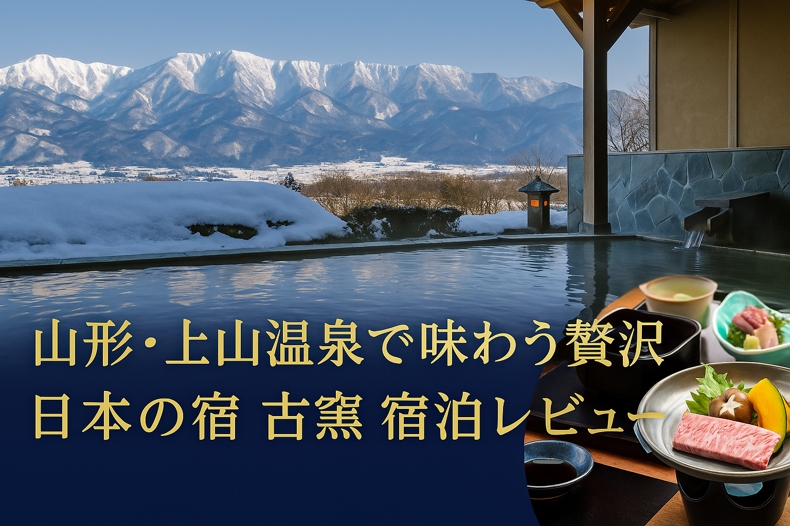山形の老舗旅館「日本の宿 古窯」の露天風呂と蔵王連峰、会席料理を表現した宿泊レビュー用アイキャッチ画像