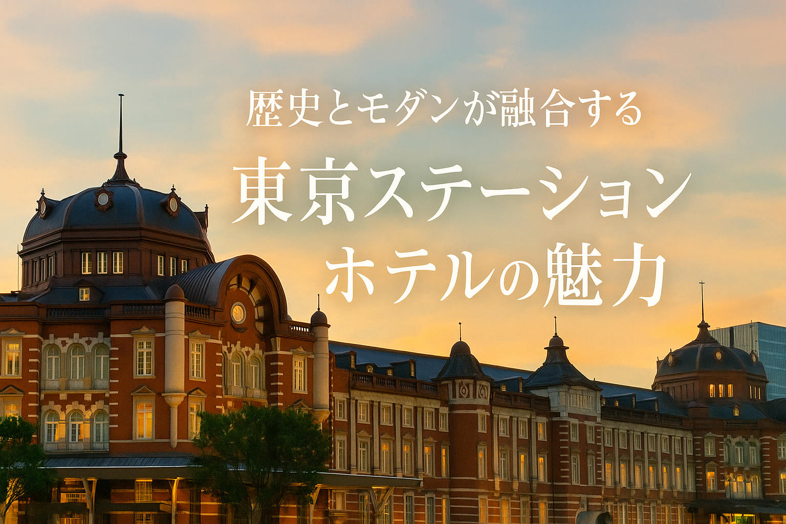 朝焼けの東京駅丸の内駅舎を背景にした横長バナー。右下に「歴史とモダンが融合する／東京ステーションホテルの魅力」の白文字