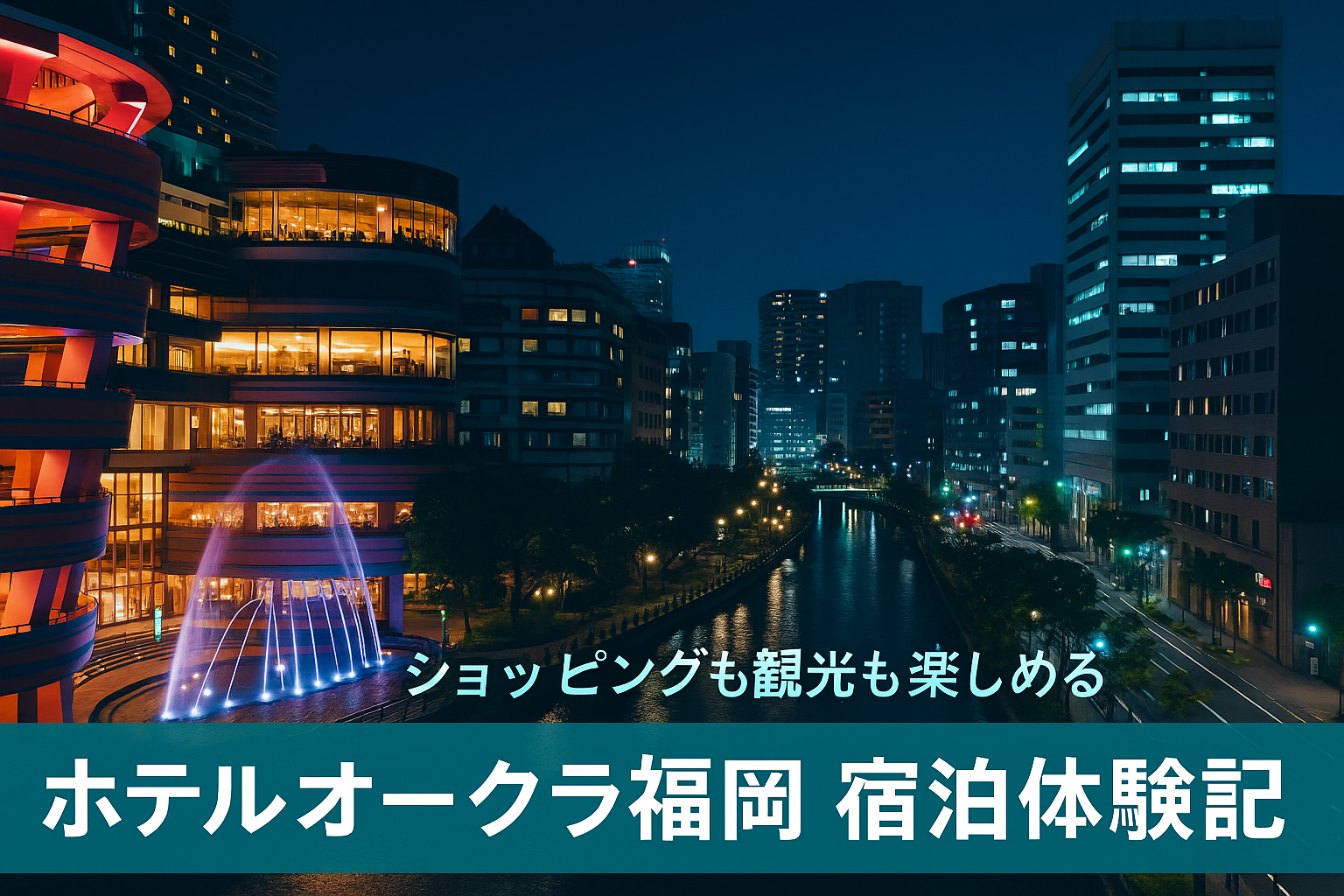 キャナルシティ博多のライトアップと福岡市街の夜景を背景にしたホテルオークラ福岡のアイキャッチ画像