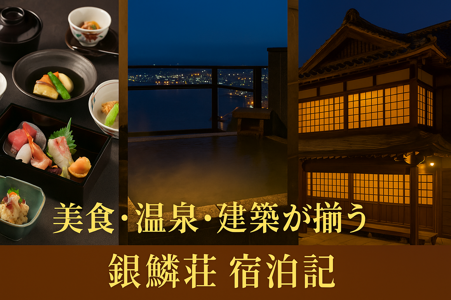 銀鱗荘の会席料理、露天風呂、小樽の木造建築をコラージュしたアイキャッチ画像