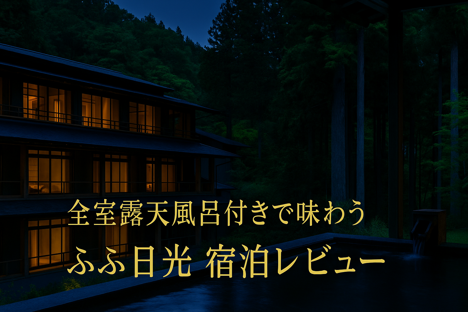 日光の森に囲まれた高級旅館『ふふ 日光』の外観と客室露天風呂。ネイビーとゴールドの高級感あるデザインに『全室露天風呂付きで味わう ふふ 日光 宿泊レビュー』のテキスト入り