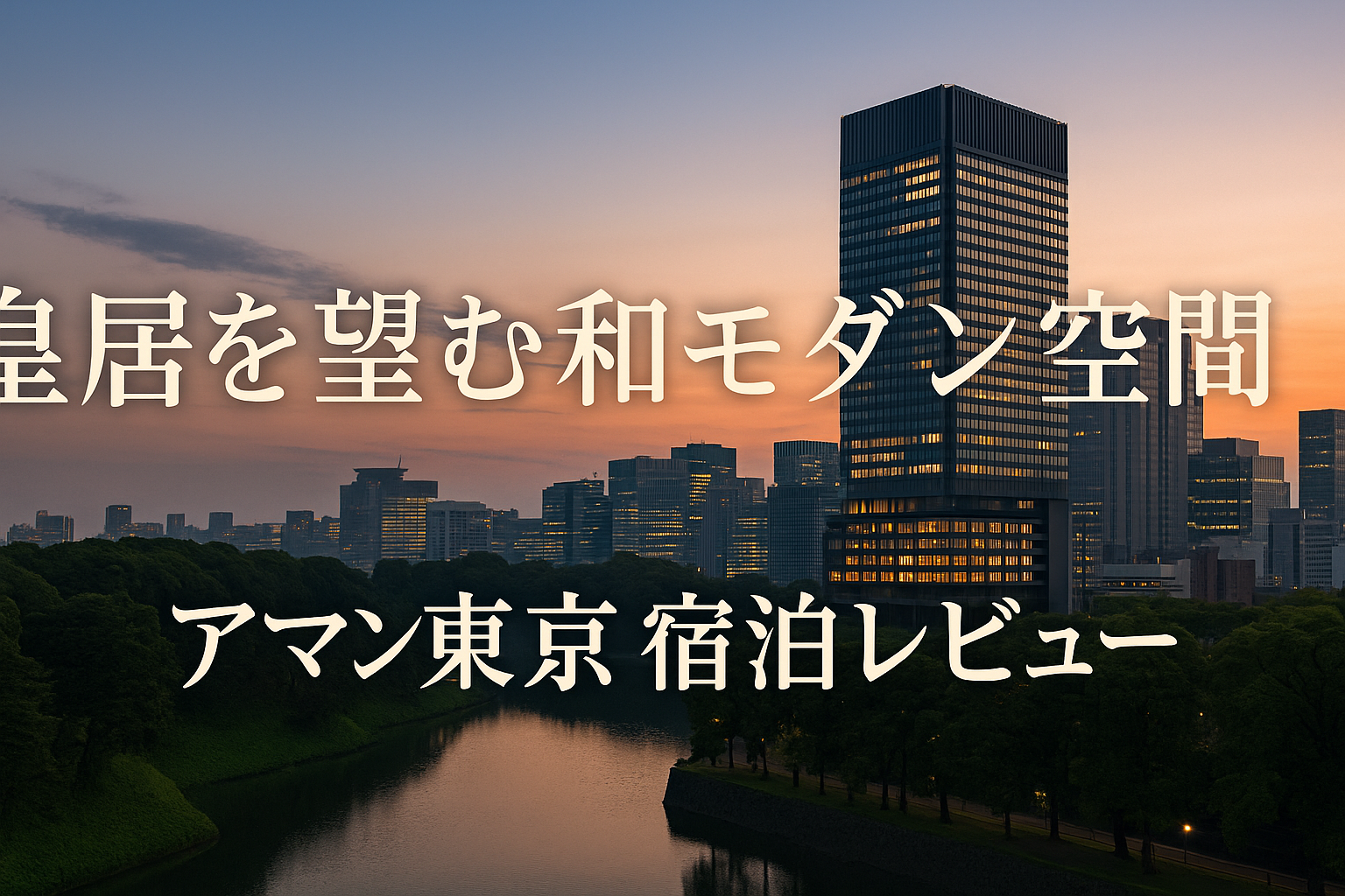 夕暮れの皇居のお堀と緑を背景にそびえるアマン東京の外観をネイビー×ゴールドで表現したアイキャッチ画像