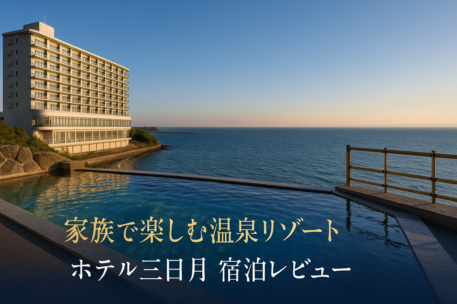 ホテル三日月の外観と東京湾を望む露天風呂。家族で楽しめる温泉リゾートのアイキャッチ画像。