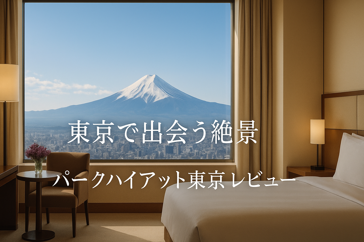 パークハイアット東京の客室から大きな窓越しに見える富士山と青空を背景にした落ち着きのあるアイキャッチ画像