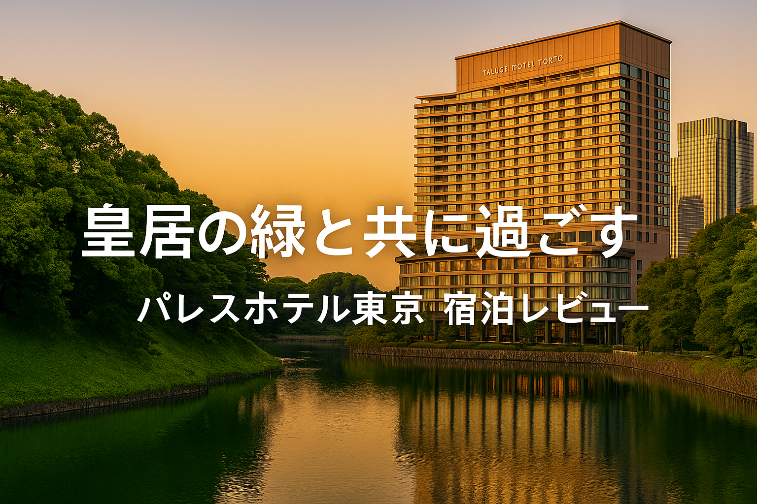夕暮れの皇居のお堀と緑を背景にそびえるパレスホテル東京の外観をラグジュアリーに表現したアイキャッチ画像