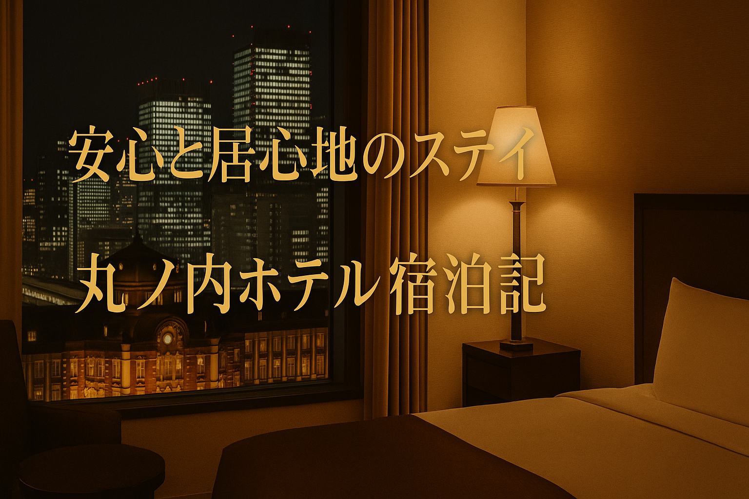 丸ノ内ホテルの客室から見える東京駅の夜景と落ち着いた照明の室内を表現した、大人の隠れ家風アイキャッチ画像