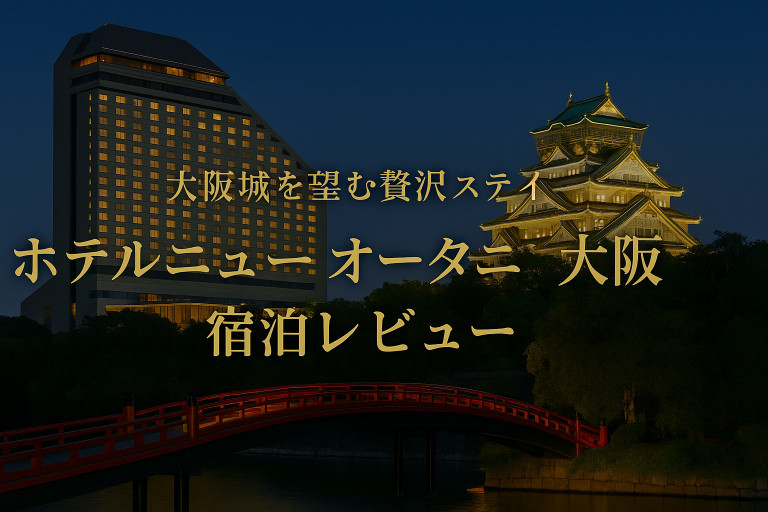 ホテルニューオータニ大阪と大阪城の夜景を背景にしたアイキャッチ画像。高級感あるデザインで宿泊レビューを紹介。