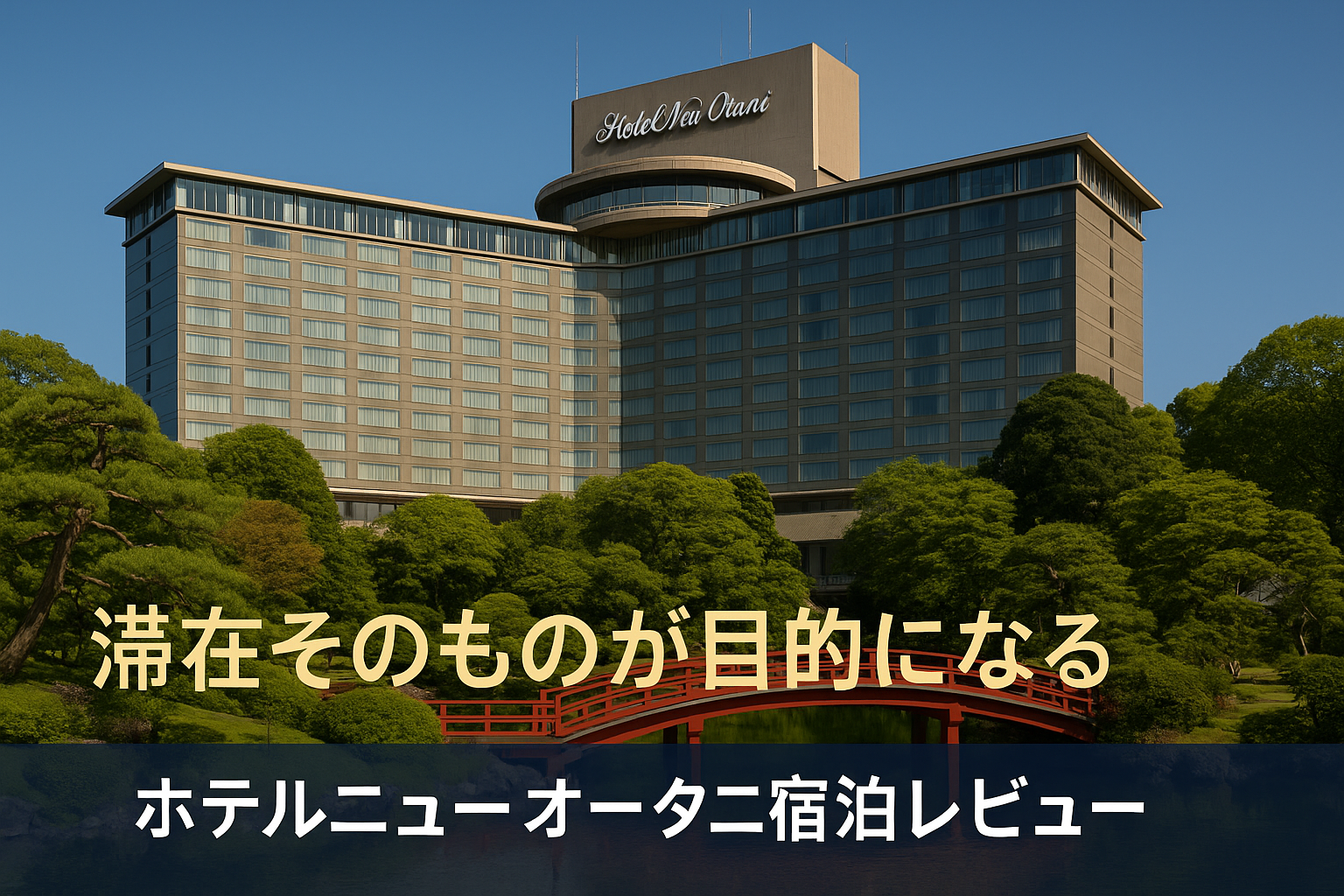 ホテルニューオータニ本館の外観と日本庭園の赤い太鼓橋を組み合わせた高級感あるアイキャッチ画像。滞在そのものが目的になるホテルニューオータニ宿泊レビュー。