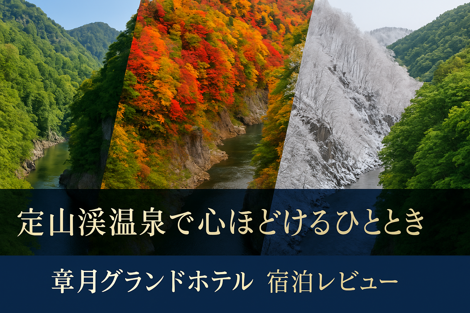 定山渓の渓谷と四季の彩り（新緑・紅葉・雪景色）をコラージュした章月グランドホテルのアイキャッチ画像