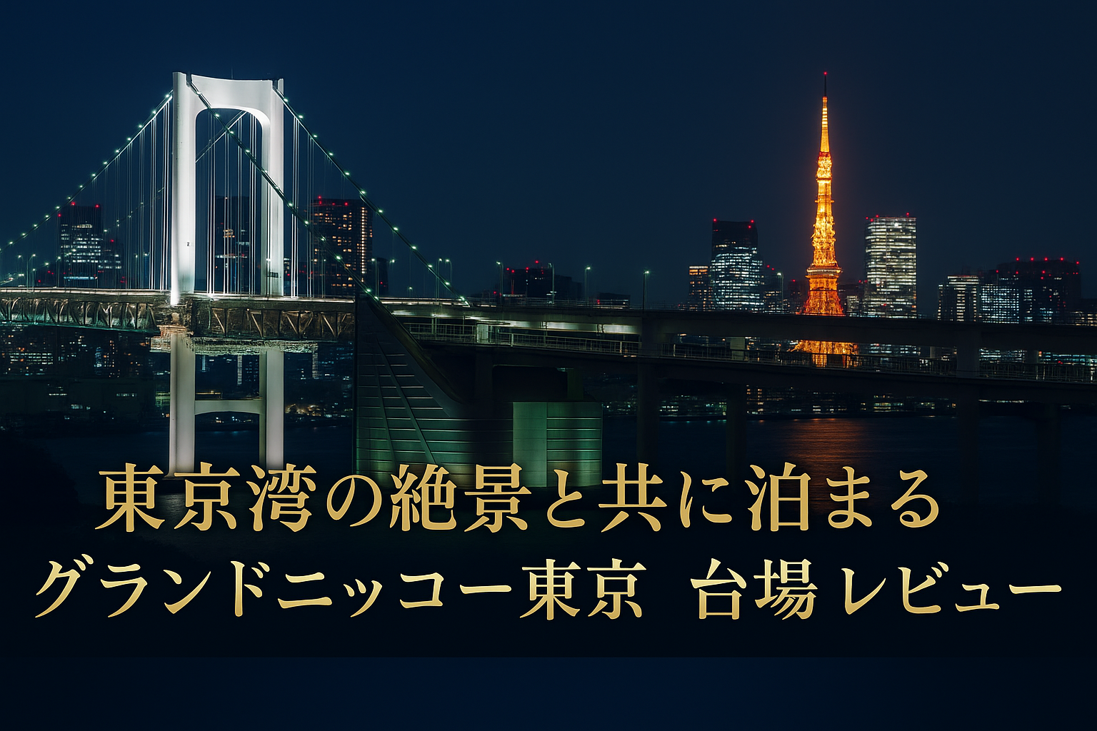 グランドニッコー東京 台場の外観と東京湾の夜景を背景にした高級ホテルレビュー用アイキャッチ画像