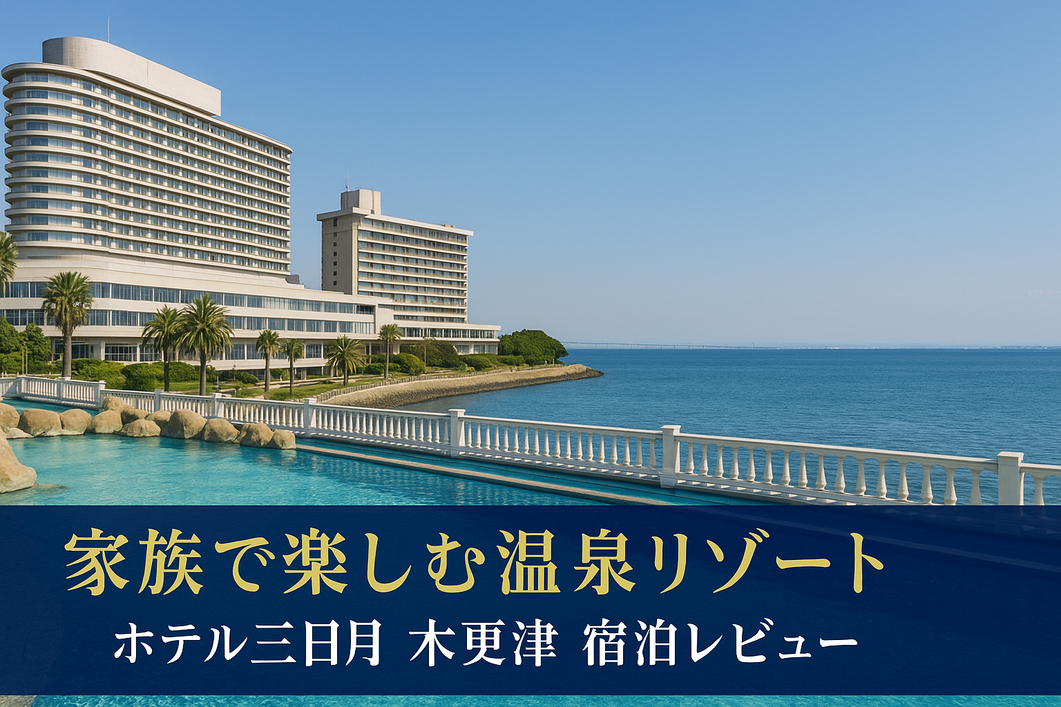 ホテル三日月 木更津の外観と東京湾の海とスパエリアを背景にした横長アイキャッチ画像。ネイビーとゴールドの高級感ある配色で「家族で楽しむ温泉リゾート」「ホテル三日月 木更津 宿泊レビュー」の文字入り。