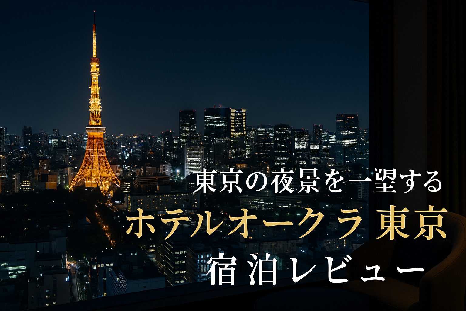 ホテルオークラ東京の客室から眺める東京タワーと都心の夜景を背景にしたアイキャッチ画像
