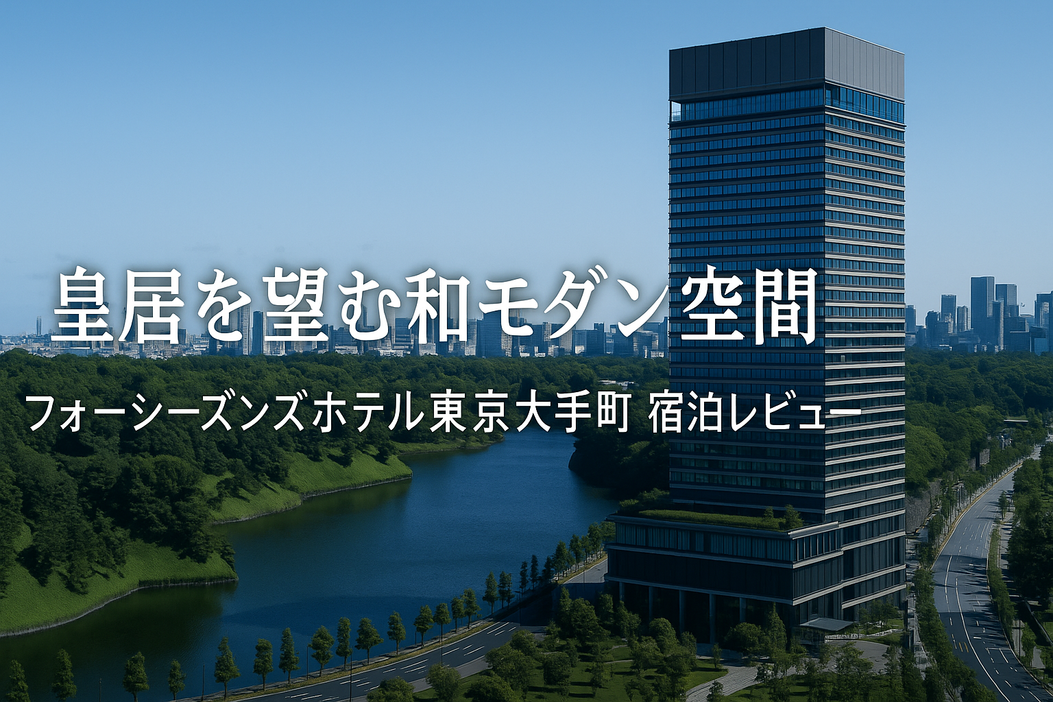 夕暮れの皇居のお堀と緑を前景にそびえるフォーシーズンズホテル東京大手町の外観をネイビー×ゴールドで表現したラグジュアリーなアイキャッチ画像