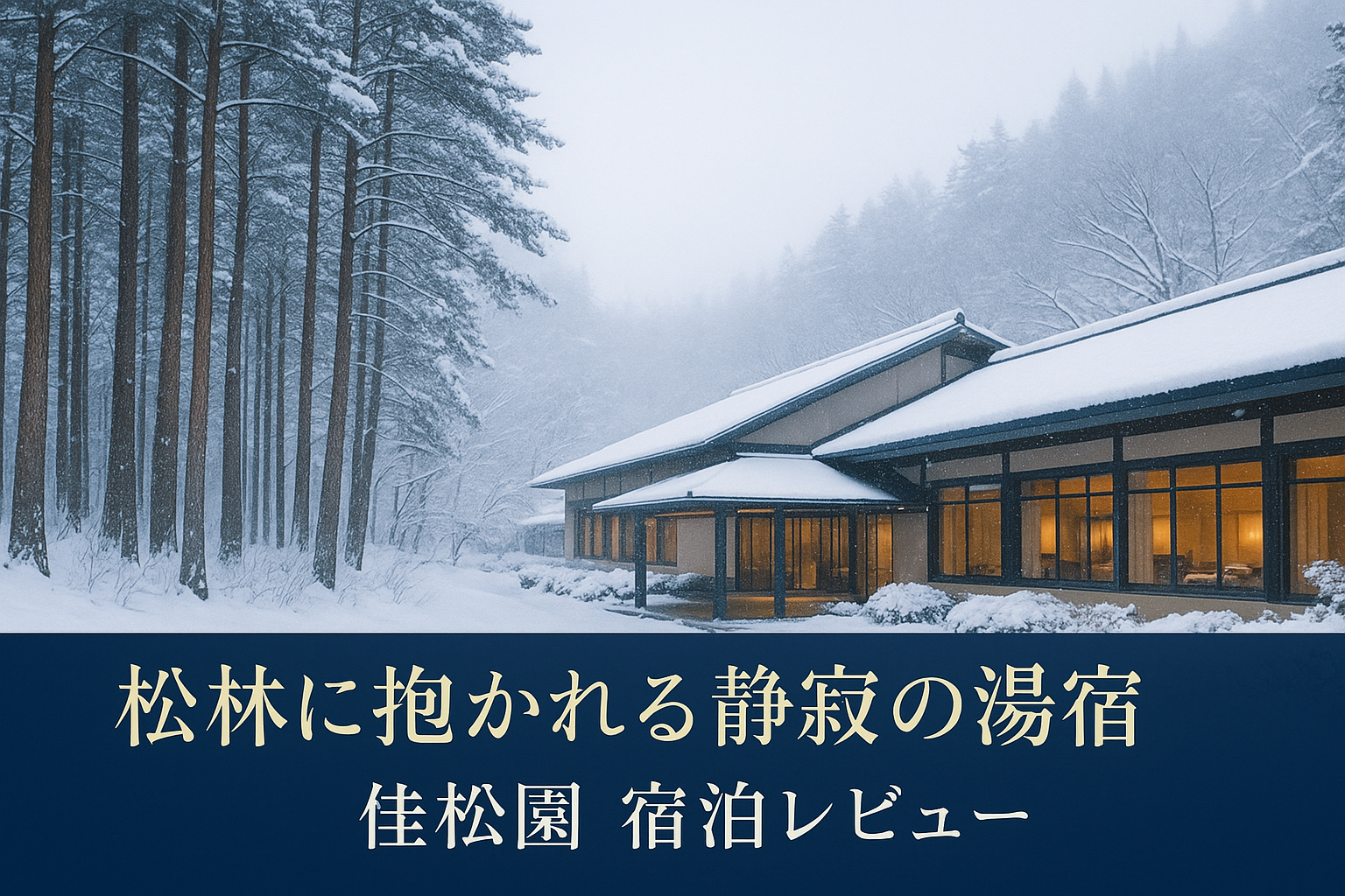 雪に包まれた松林と佳松園の外観を背景にした高級旅館のアイキャッチ画像。ネイビーとゴールドで冬の静寂を表現。