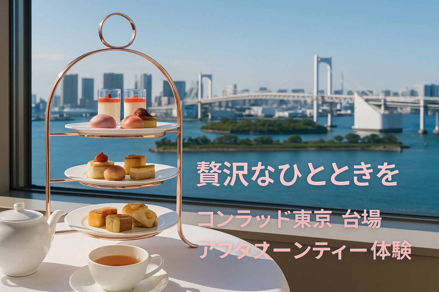 コンラッド東京 台場の窓際で楽しむ豪華なアフタヌーンティーセットと東京湾ビュー