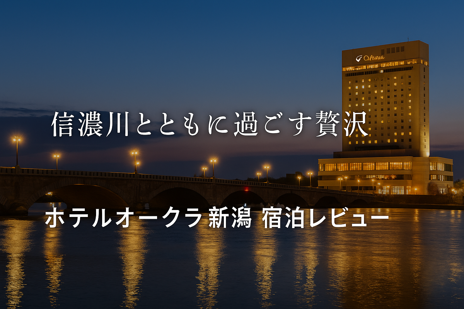 夕暮れの信濃川と萬代橋、奥にホテルオークラ新潟の外観を望むアイキャッチ画像