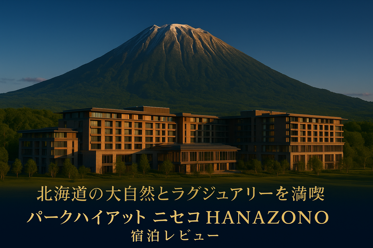 雄大な羊蹄山とパークハイアット ニセコ HANAZONOの外観を背景にしたラグジュアリーなホテルアイキャッチ画像