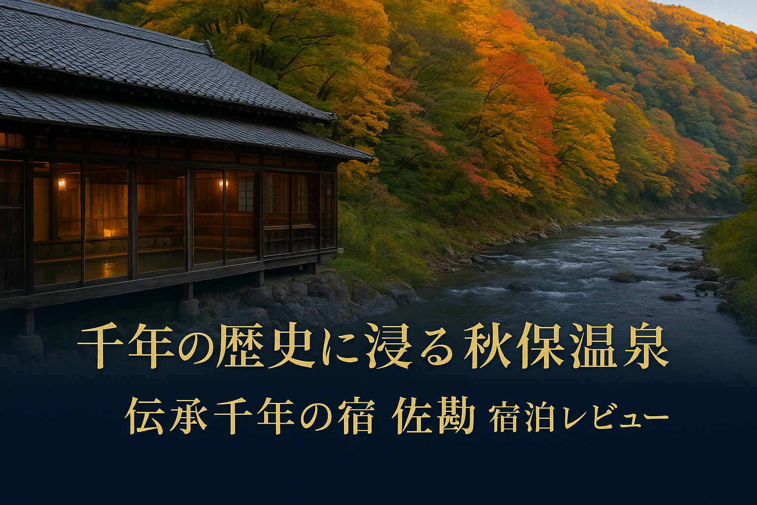 伝承千年の宿 佐勘の御殿湯と名取川、紅葉の山並みを背景にした秋保温泉の宿泊レビュー用アイキャッチ画像