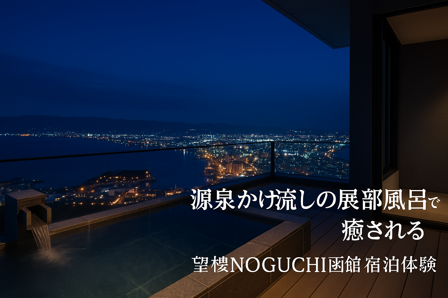 望楼NOGUCHI函館の客室展望風呂から眺める函館の街明かりを背景にしたアイキャッチ画像