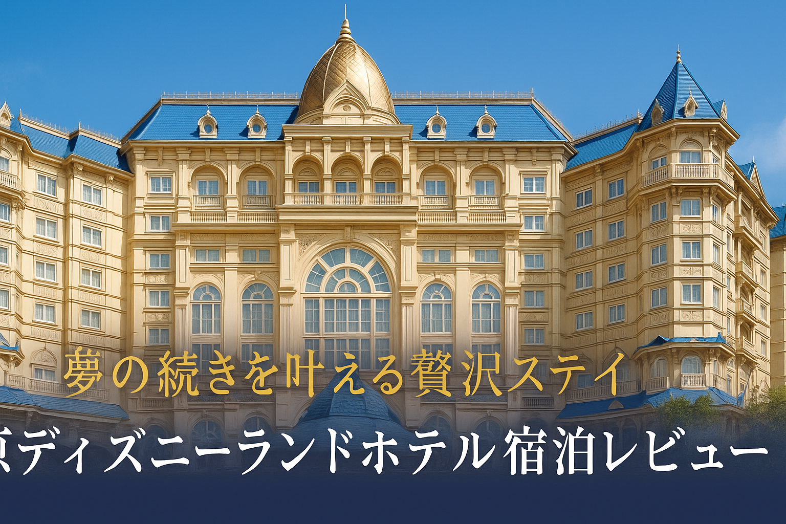 東京ディズニーランドホテルの外観を昼間の青空と共に撮影した写真。ヴィクトリア様式の豪華な建物が並び、非日常の雰囲気を漂わせている。